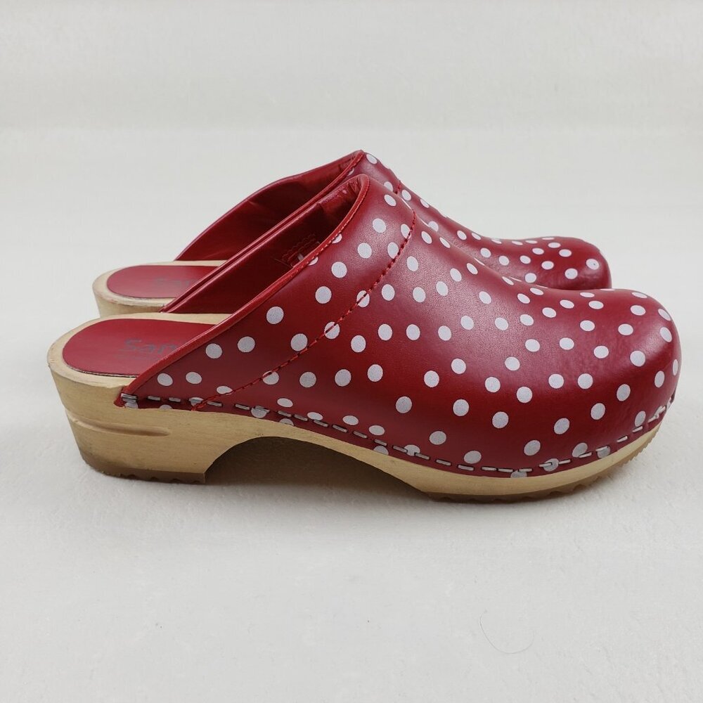 Sanita Fenja Polka Dot Clog Womens US 7 EU 38 Red Leather Slip On Wooden Shoe - Picture 4 of 16